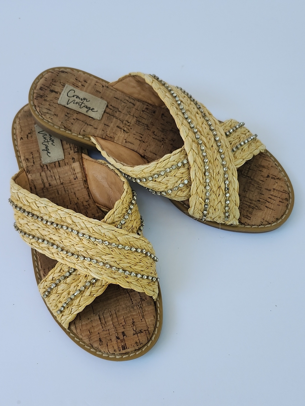 CROWN VINTAGE ALBARI RAFFIA AND RHINESTONE SLIDE SANDALS